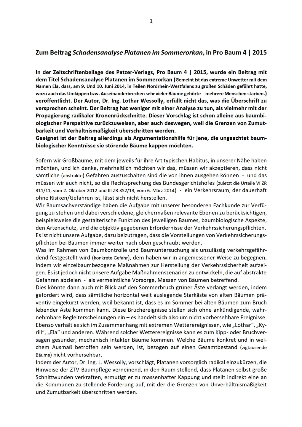 17.03.2016: Leserbrief zum Beitrag Schadensanalyse Platanen Ansicht des PDF Artikel